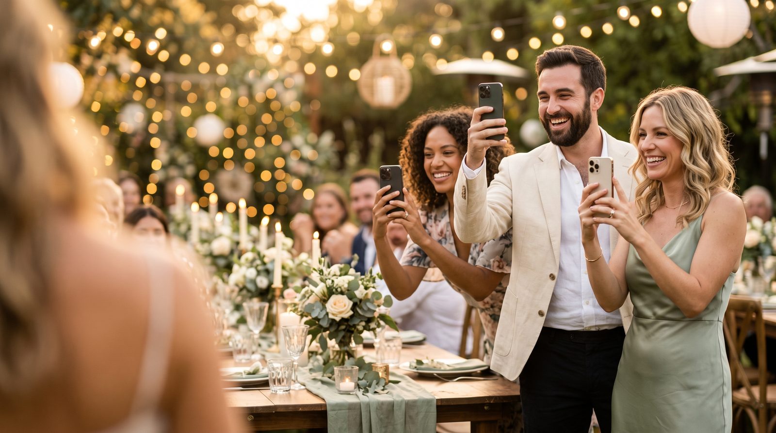 Gäste einer Feier fotografieren gemeinsam Momente mit dem Smartphone