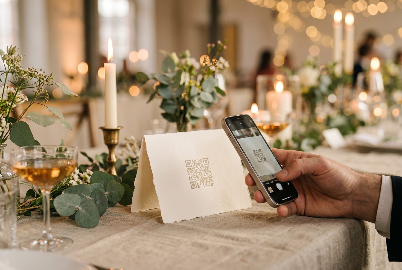 Gast scannt den QR-Code einer Tischkarte mit dem Smartphone